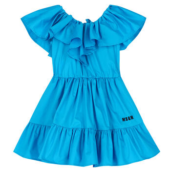 Girls Blue Ruffle Logo Dress