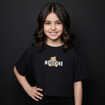 Girls Black Teddy Bear Logo T-Shirt