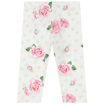 Younger Girls White Roses & Dots Leggings