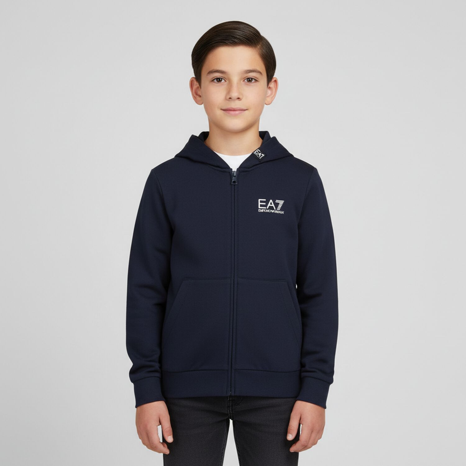 Boys Navy Blue Logo Hooded Zip Up Top, 2, hi-res image number null