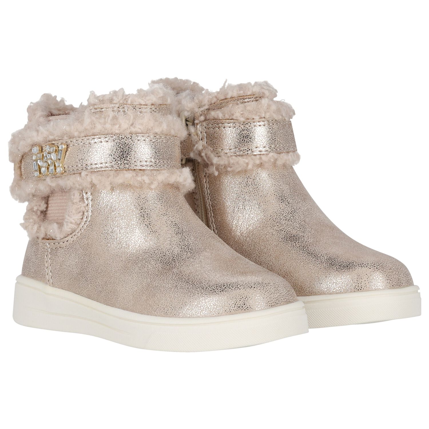 Younger Girls Gold Faux Fur Boots, 1, hi-res