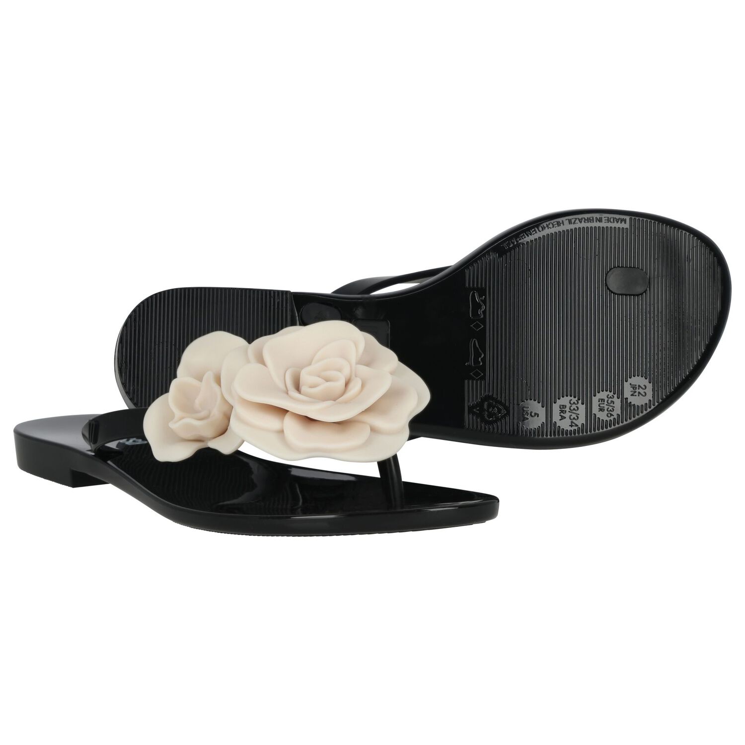 Girls Black & Beige Logo Flower Flip Flops, 2, hi-res