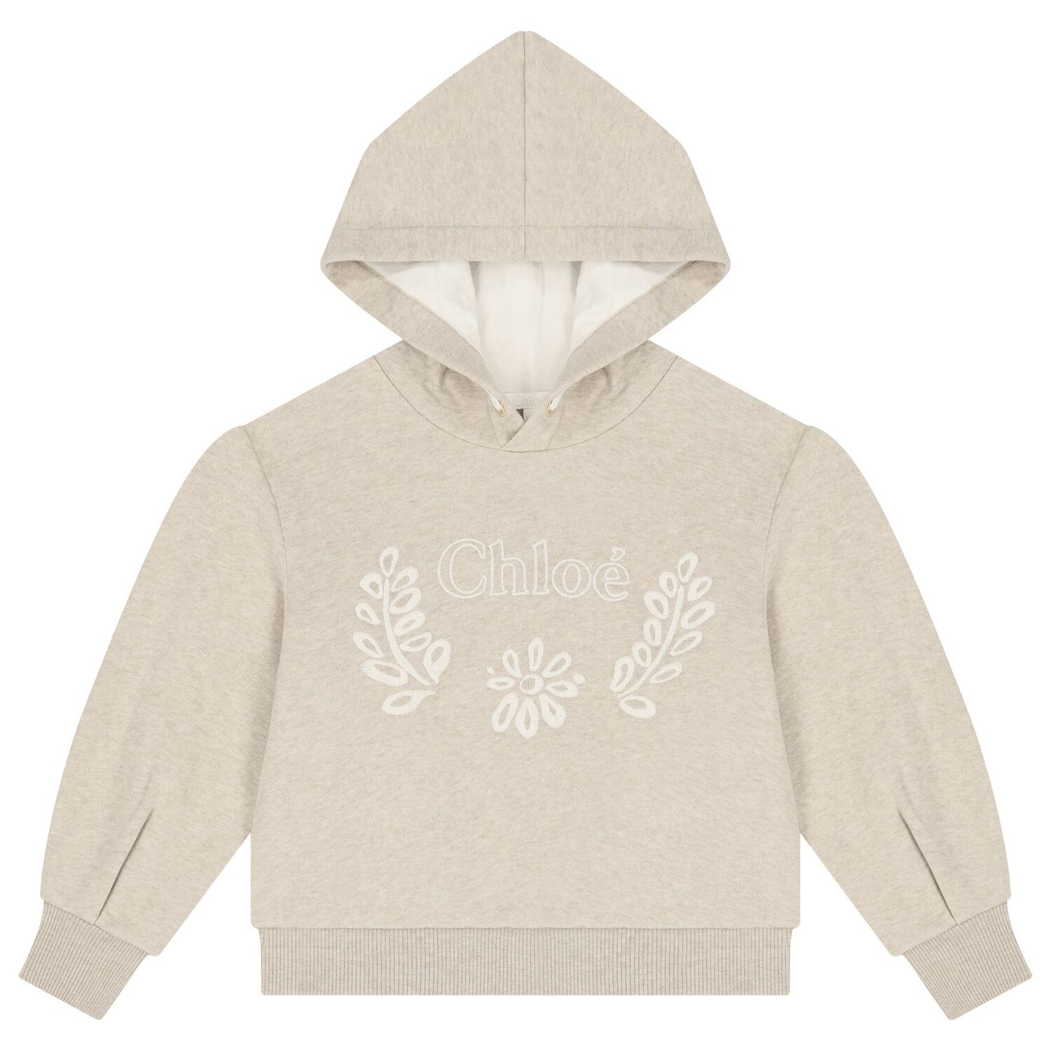 Girls Beige Embroidered Logo Hooded Top, 1, hi-res