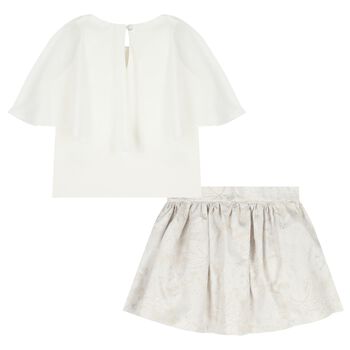 Girls Ivory & Beige Floral Skirt Set