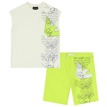 Boys Ivory & Green Logo Shorts Set