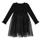 Girls Black Tulle Knitted Dress, 2, hi-res