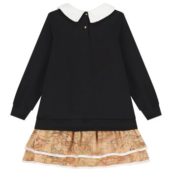 Girls Black & Beige Geo Map Dress