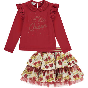 Girls Red & Ivory Crown Skirt Set