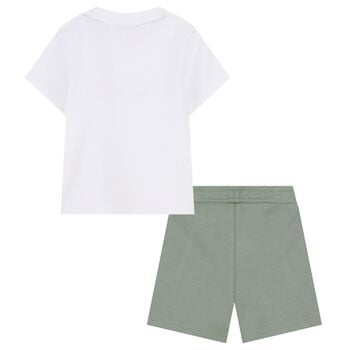 Younger Boys Mini Me White & Green Logo Shorts Set