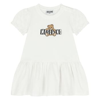 Younger Girls White Teddy Bear Logo Dress