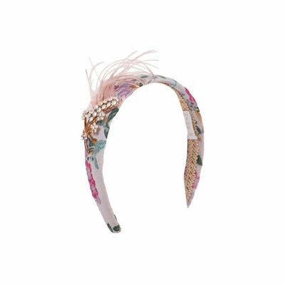 Pink Jacquard Headband with Pink Feathers