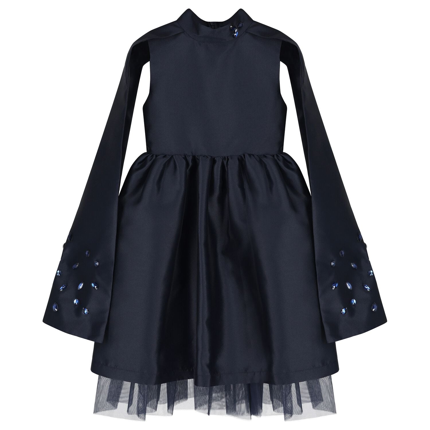 Girls Navy Blue Crystal Cape Sleeve Dress, 1, hi-res
