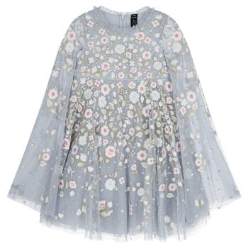Girls Blue Floral Tulle Cape Dress