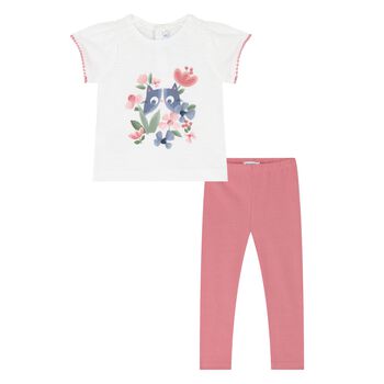 Younger Girls White & Pink Leggings Set
