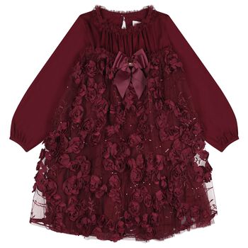 Girls Burgundy 3D Flower & Sequin Tulle Margot Dress