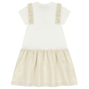 فستان بناتي بلون العاج والذهبي بشعار