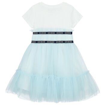 Girls White & Blue Logo Tulle Dress