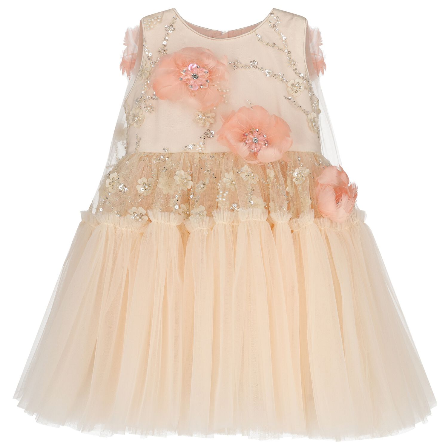 Girls Pink 3D Flower Tulle Dress, 1, hi-res