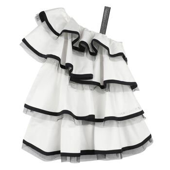 Girls White & Black Ruffled Dress