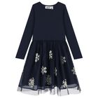 Girls Navy Blue Snowflakes Dress, 1, hi-res