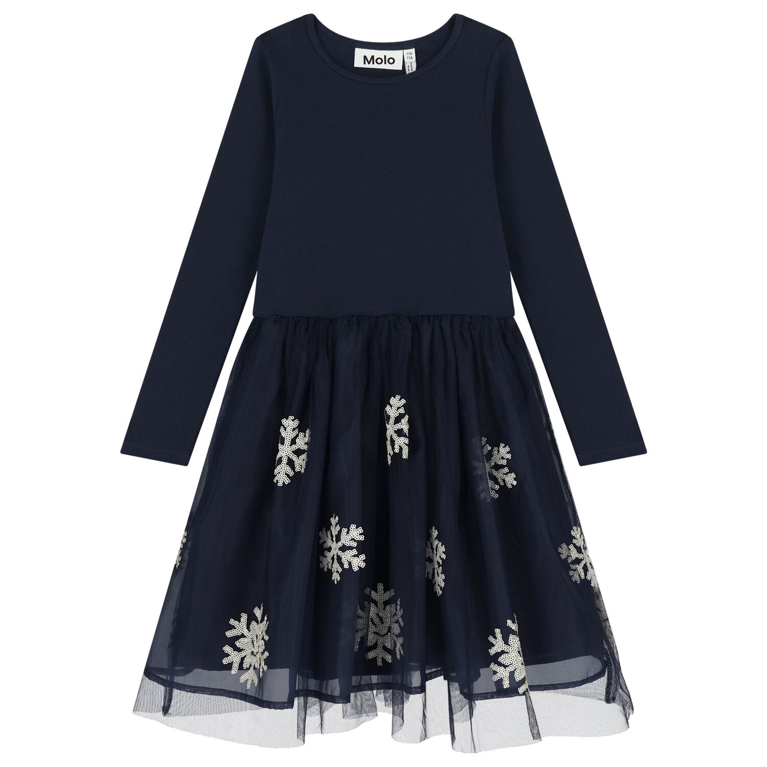 Girls Navy Blue Snowflakes Dress, 1, hi-res
