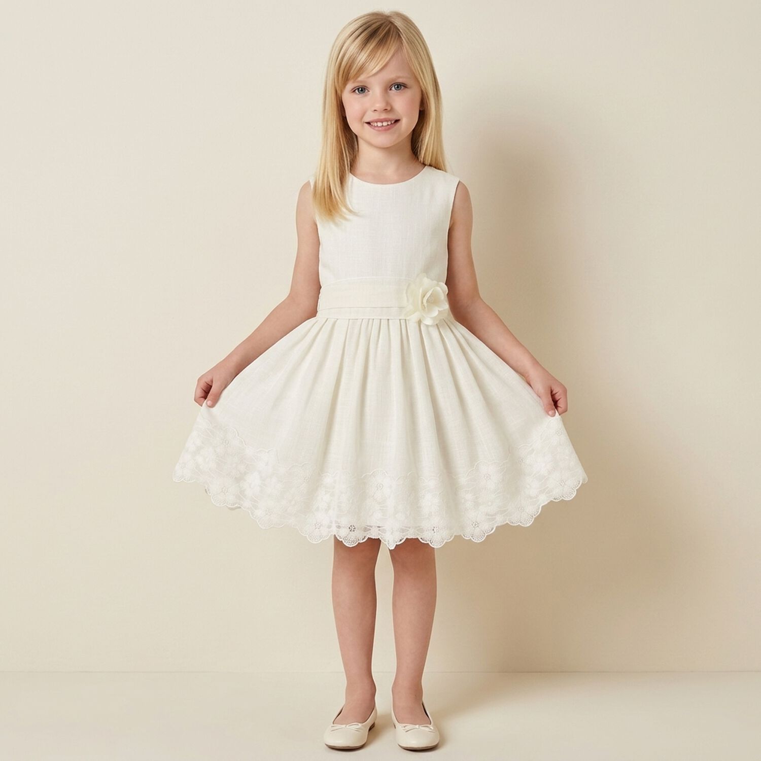 Girls Ivory Floral Lace Dress, 1, hi-res