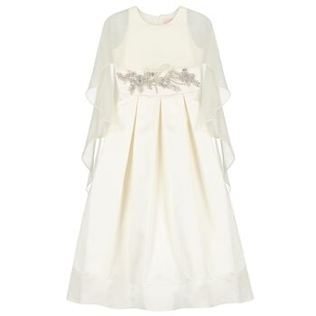Girls Ivory Crystal Waist & Chiffon Cape Dress