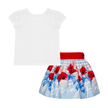 Girls White & Blue Floral Skirt Set