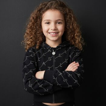 Girls Black Logo Hooded Zip Up Top