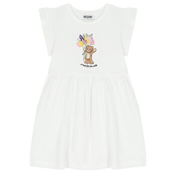 Girls White Teddy Bear & Flowers Dress