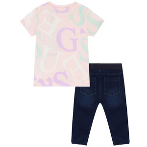 Baby Girls Pink & Blue Logo Trousers Set