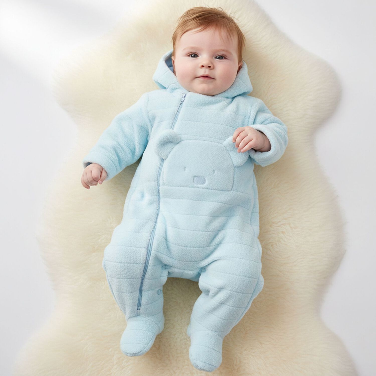Baby Boys Blue Fleece Hooded Pramsuit, 1, hi-res