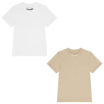 Boys Beige & White Logo T-Shirts ( 2-Pack )