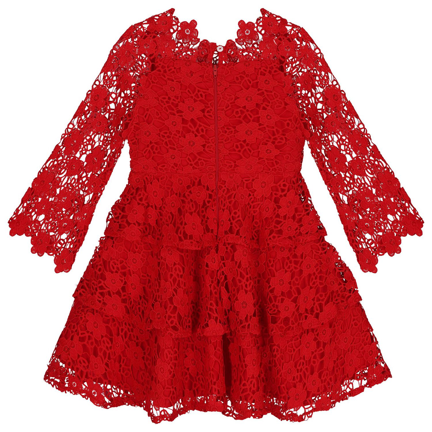 Girls Red Foral Lace Dress , 1, hi-res
