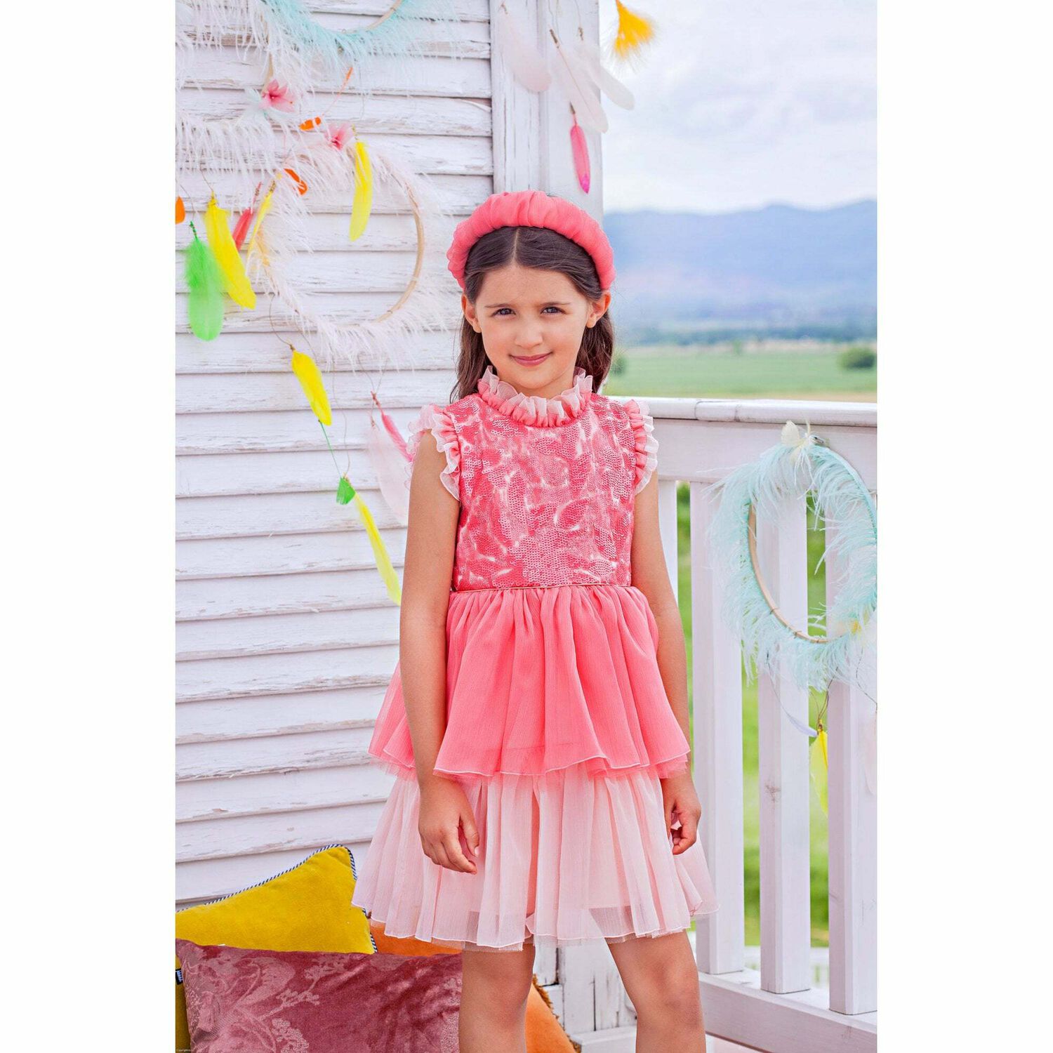 Girls Pink Tiered Chiffon Dress, 1, hi-res image number null