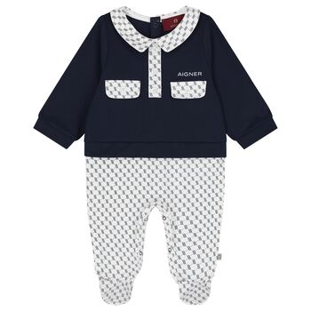 Baby Boys Navy Blue & White Logo Babygrow