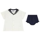 Baby Girls White & Navy Blue Blouse Set, 1, hi-res