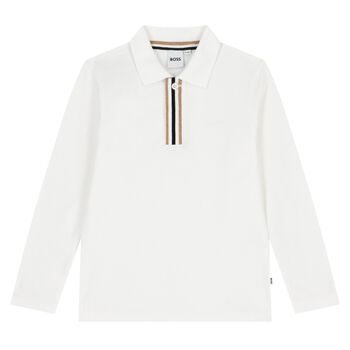 BOSS Boys White Logo Long Sleeve Polo Shirt, 2 Boys White Logo Long Sleeve Polo Shirt