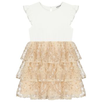 Girls Ivory & Beige Sequin Tulle Dress