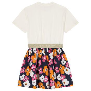 Girls Ivory & Navy Blue Logo Floral Dress