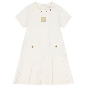 Girls Ivory Logo Pleated Dress