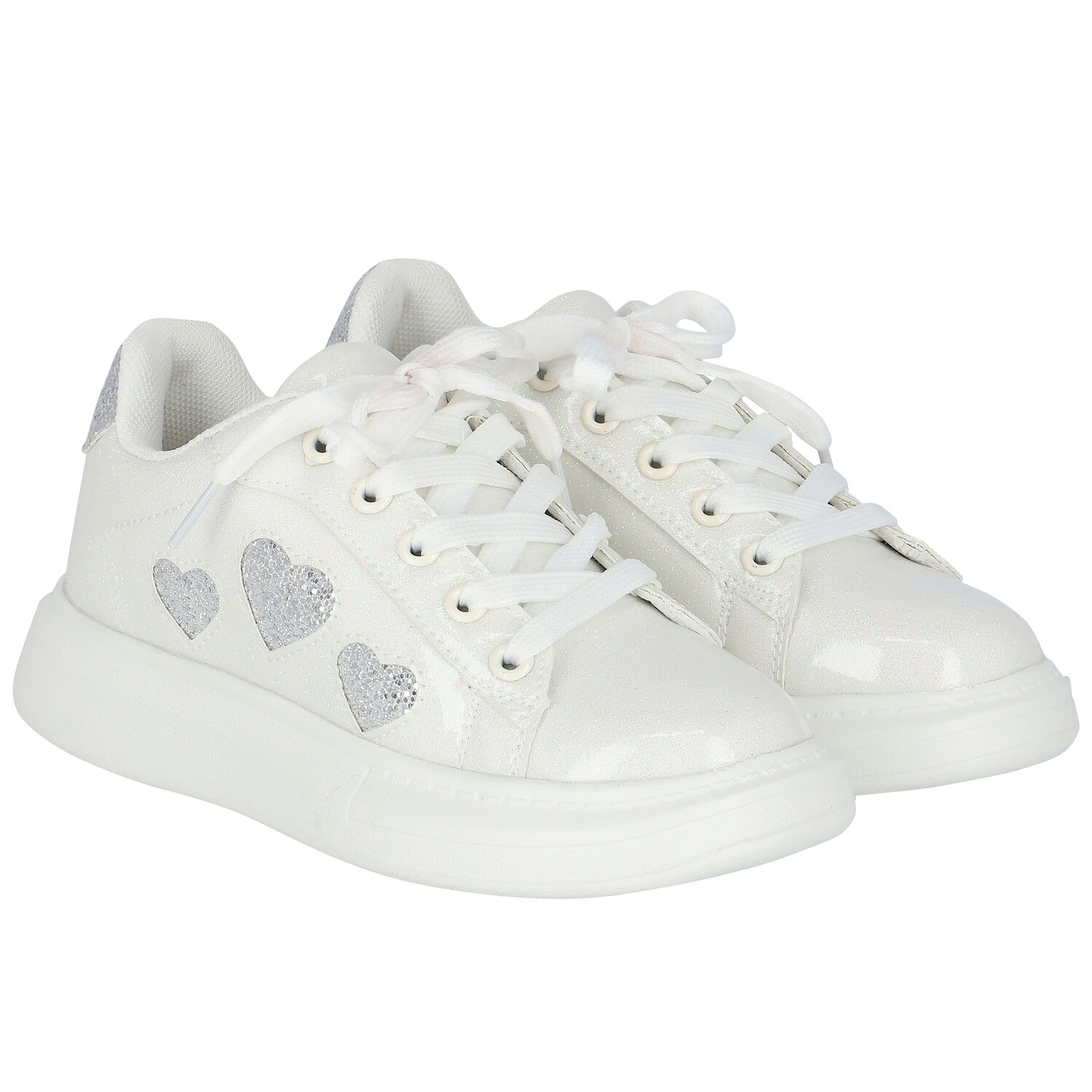 Girls White Hearts Trainers, 1, hi-res