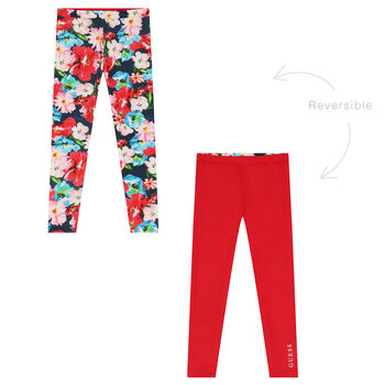 Girls Navy Blue & Red Floral Reversible Leggings