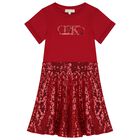 Girls Red Logo Embellished Dress, 2, hi-res