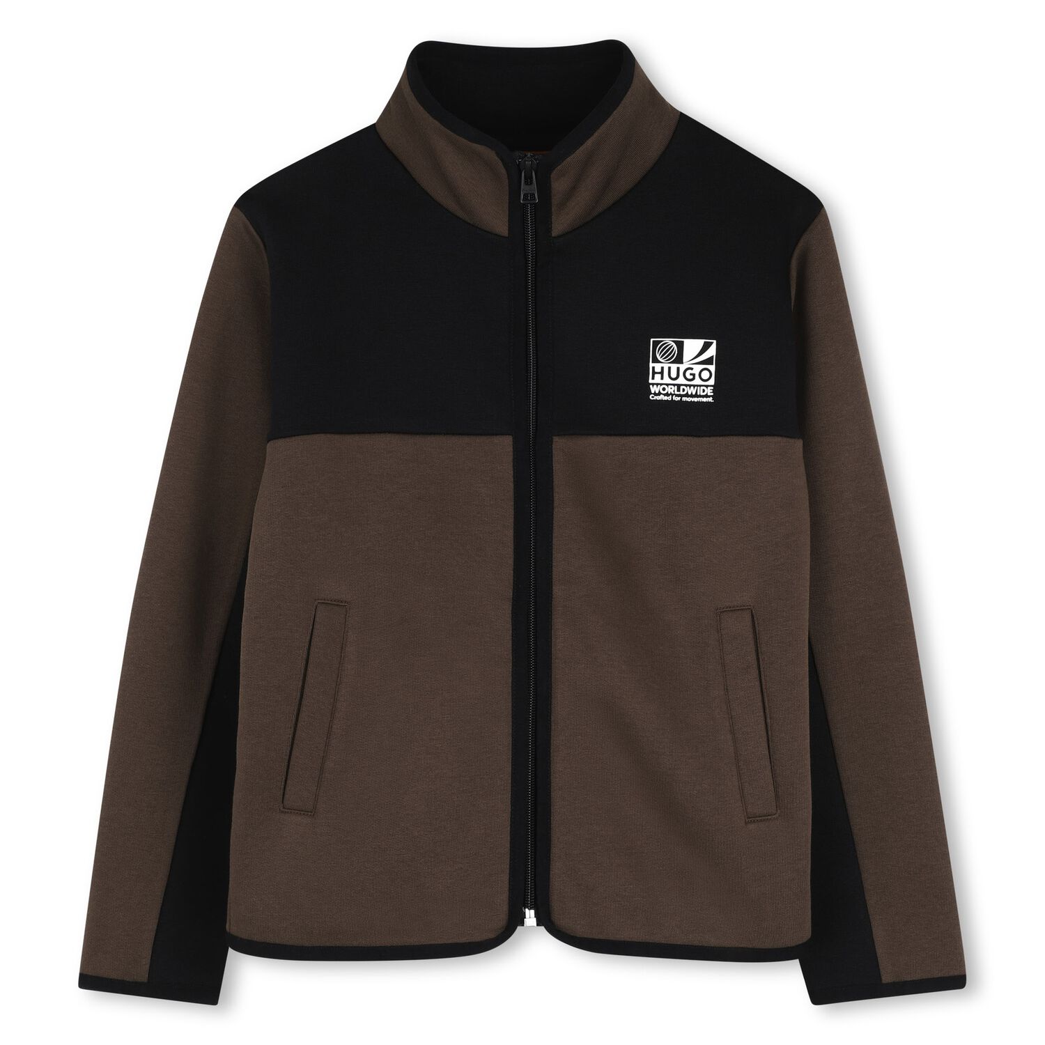 Boys Brown & Black Logo Zip Up Top, 1, hi-res