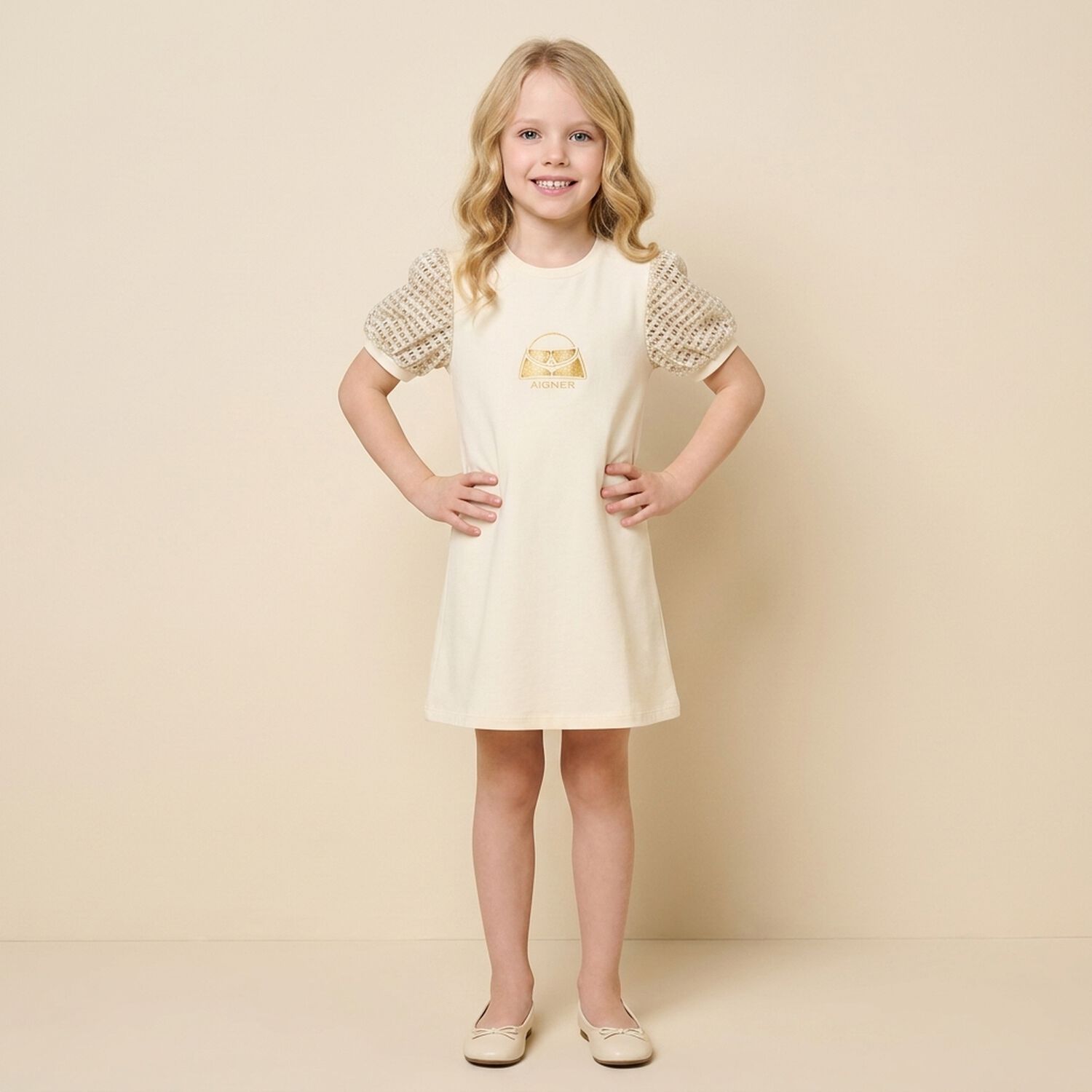 Younger Girls Ivory & Gold Bag Dress, 1, hi-res
