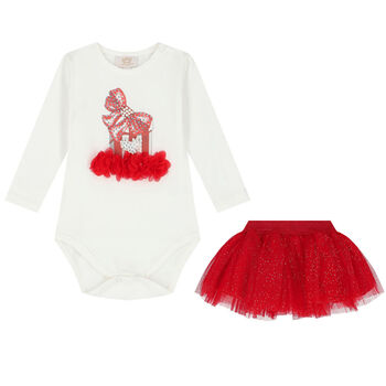 Baby Girls White & Red Tulle Skirt Set