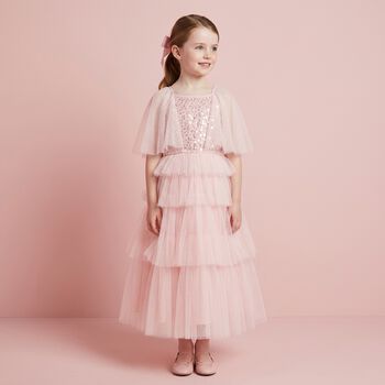 Girls Pink Sequin Ruffled Tulle Dress