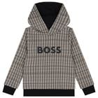 Boys Black, Beige & White Checked Logo Hooded Top, 1, hi-res