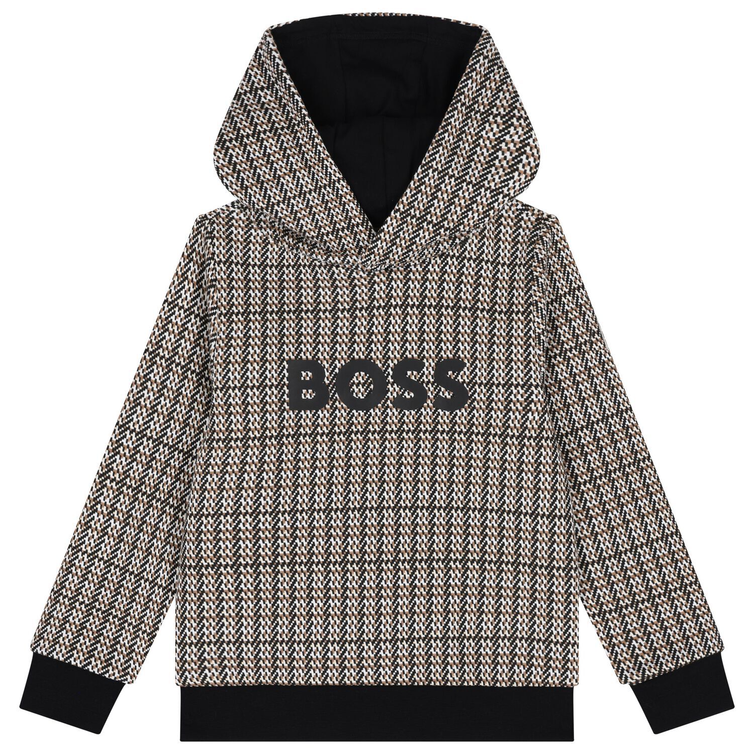 Boys Black, Beige & White Checked Logo Hooded Top, 1, hi-res
